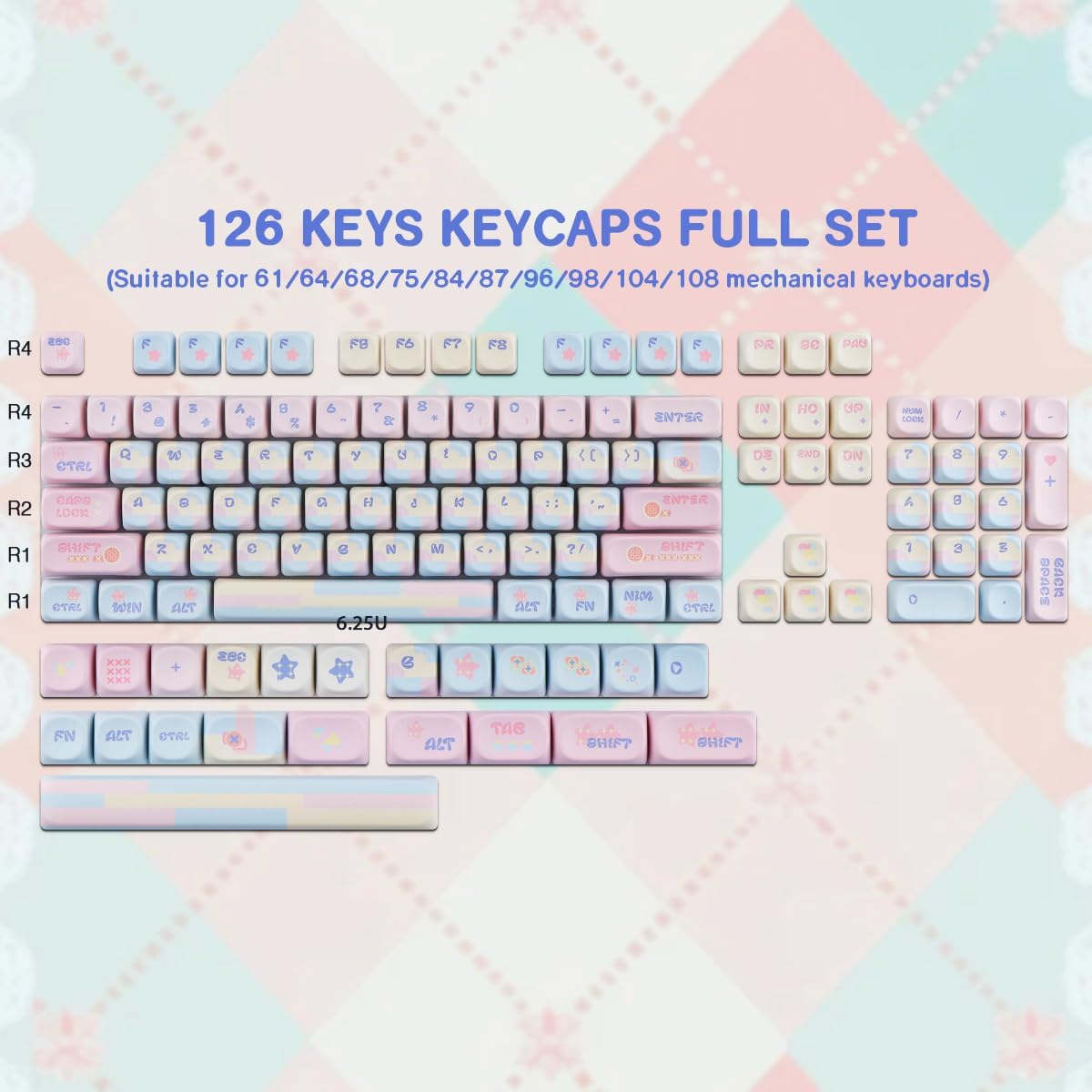 Sunzit MOA Profile Cute Keycaps,126 Keys PBT Patchwork Candy Custom Keyboard Keycaps 60 65 75 100 Percent,Dye-Sublimation Key caps Set for Cherry Gateron MX Switches Mechanical Keyboard