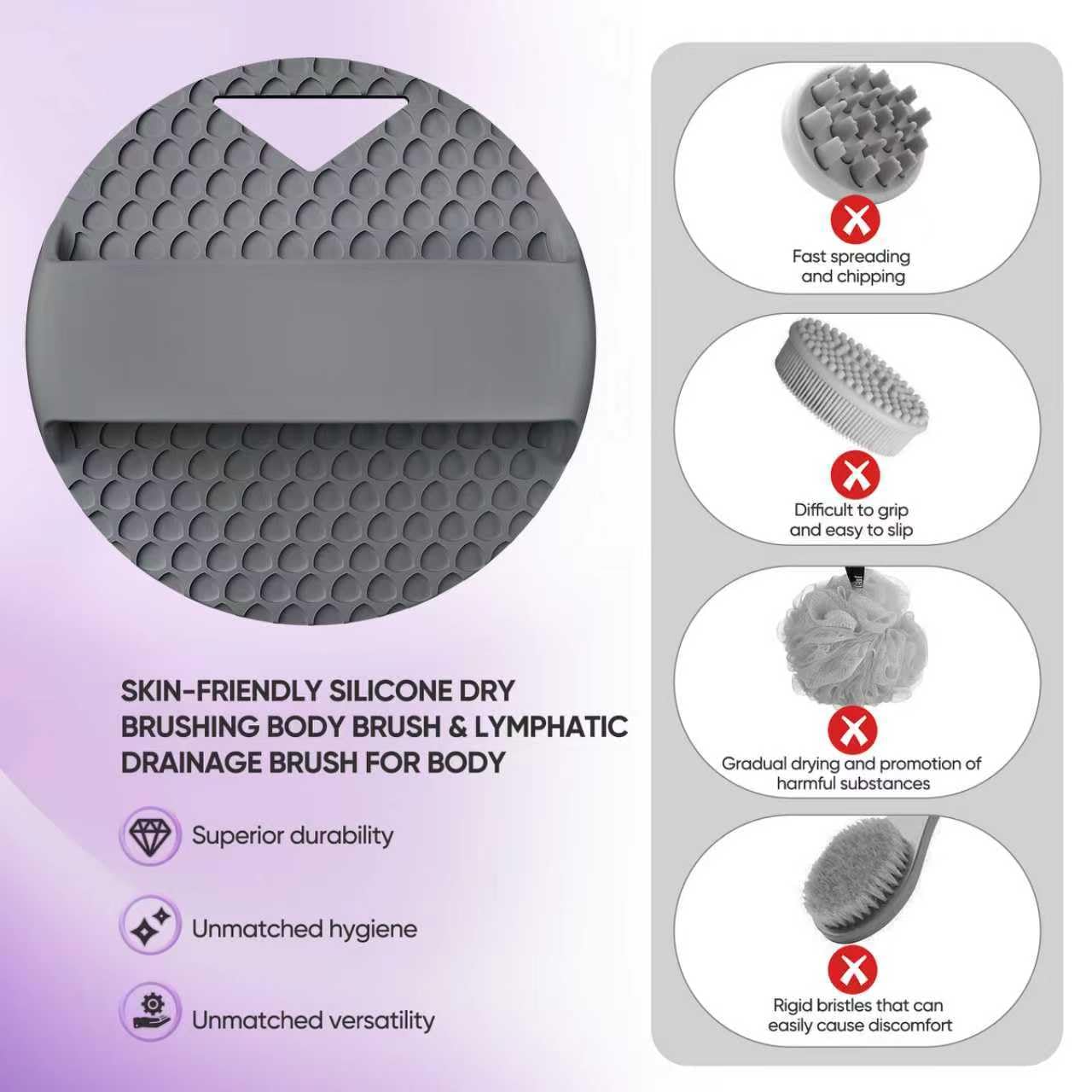 XCRUCC Silicone Body Scrubber (Stiff Bristles) & Anti Zinc Infused for Lymphatic Drainage - Exfoliating Shower Scrubber for Body,Professional Use -: Dark Gray