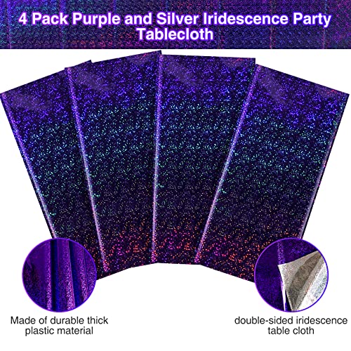 4 Pack Iridescence Plastic Tablecloths Shiny Disposable Laser Rectangle Table Covers Holographic Foil Tablecloth Iridescent Party Decoration Birthday Bridal Wedding Christmas 54" X 108"(Purple) #TOP3