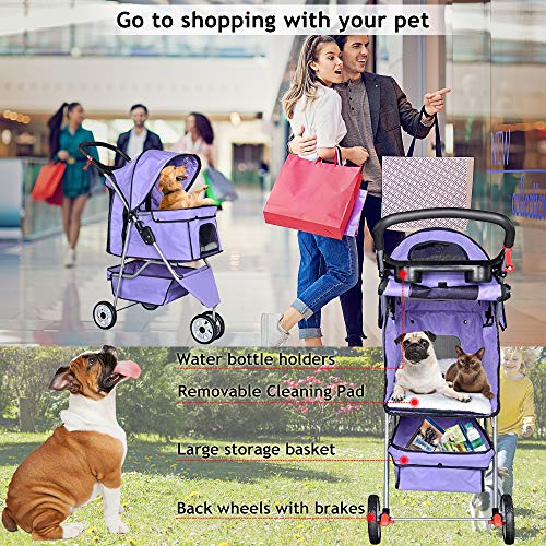 Dkeli 3-Wheel Pet Stroller, Lightweight Foldable Dog Stroller for Small Medium Dogs & Cats, Breathable Mesh & Weather Cover with Storage Basket, for Daily Walk Outdoor Travel (Purple)