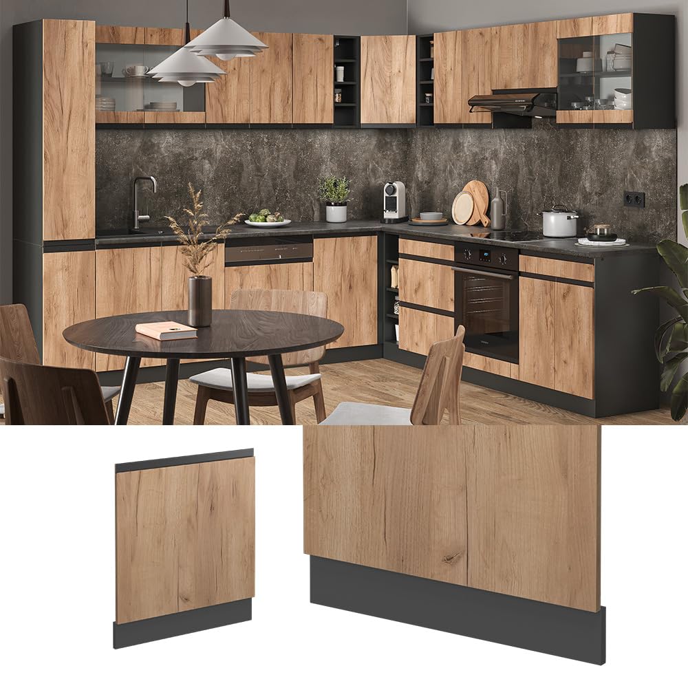Vicco Panel Frontal del lavavajillas R-Line, Roble Dorado, 60 cm J-Shape sin encimera, para combinación Libre Dentro de Sistemas de Cocina modulares