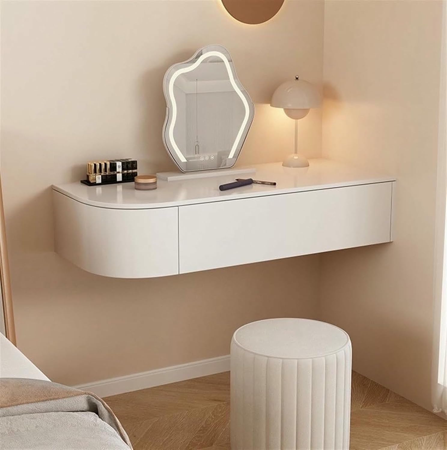 Modern Floating Vanity Makeup Table with Drawers, Stylish Corner Desk, White Storage Cabinet, Space-Saving Nightstand for Bedroom