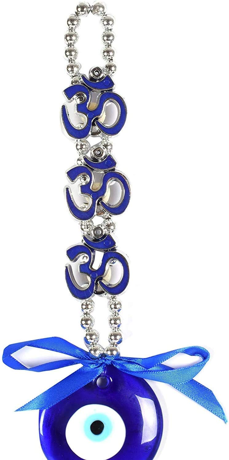 Saanwara Creations Three OM Evil Eye Wall Hanging Made by Glass and Matels in Blue Color for Good Luck Prosperity Success Health Wealth Office Home Decor & Car(Length 9 Inches)