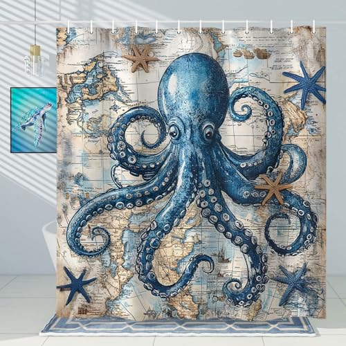 Hjokiupt Octopus Shower Curtain for Bathroom, Funny Ocean Vintage Nautical Shower Curtains, Coastal Map Waterproof Fabric Shower Curtain Set with 12 Hooks, Retro 72 x 72 Inch