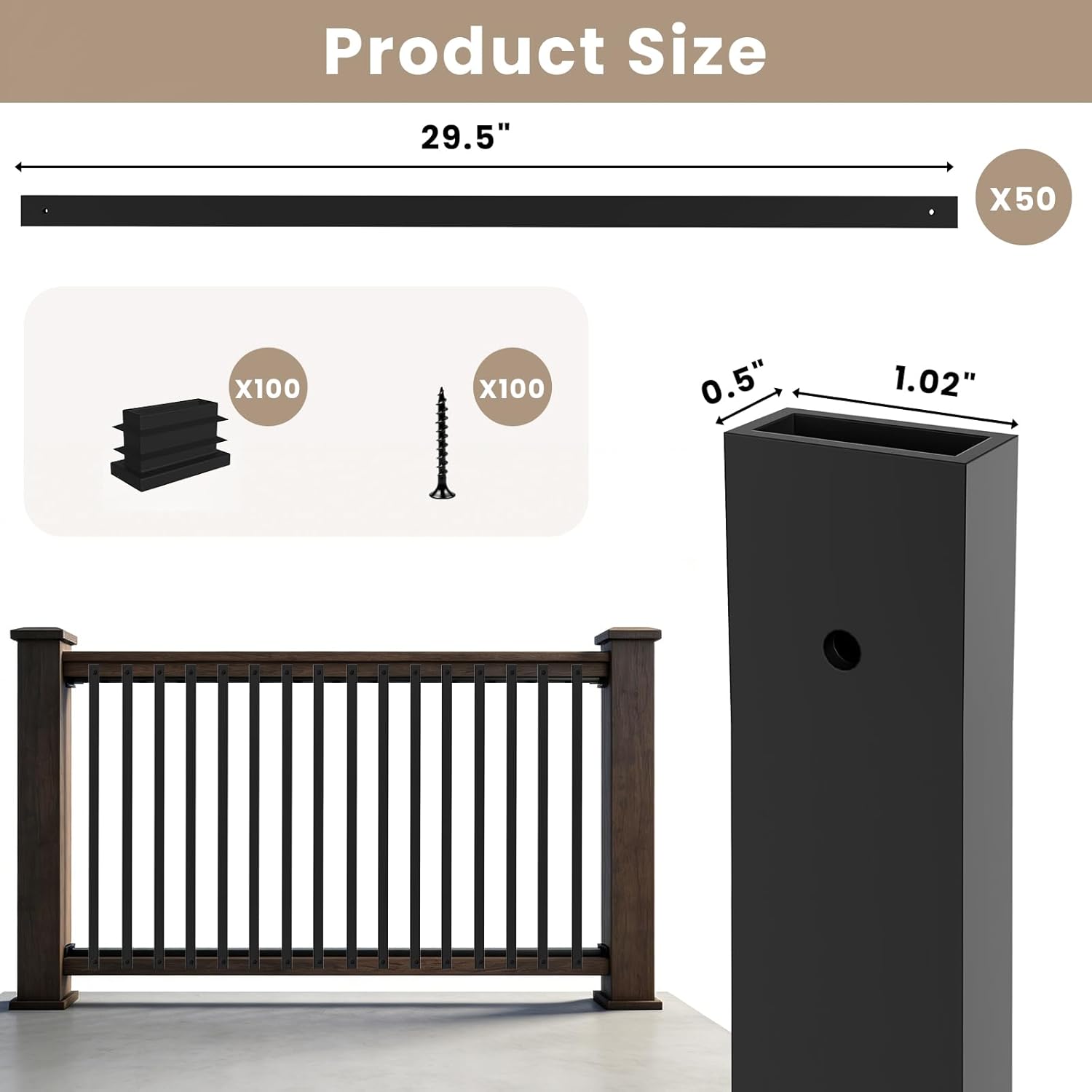 50Pack Deck Balusters 29.5" Black Metal Deck Railing, Rectangular Deck Spindles, Rust-Resistant for Straight & Curved Railings Indoor Outdoor Railing