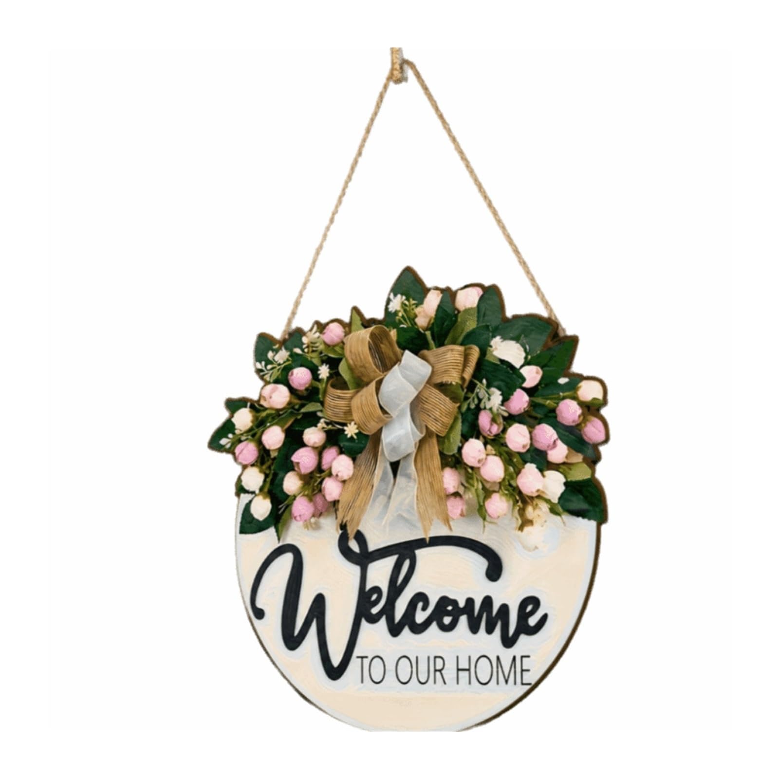 Front Door Wreath Welcome Sign 2D Flat Welcome Sign Wooden Bow Knot Door Wreath Flower Round Shape Wall Art Porch Decor(Color2)