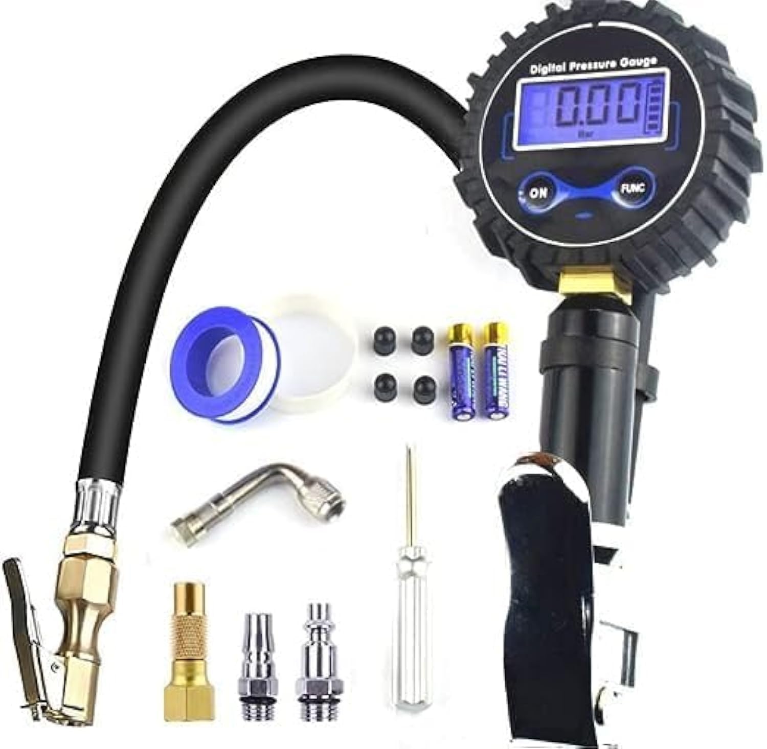 KATGROCHIR Digital Tire Inflator, 200 PSI Accurate Tire Pressure Gauge Compressor Kit With 14" Rubber Hose, Brass Lock-On Clip Chuck for Car, Truck, Motorcycle, Bike - Black