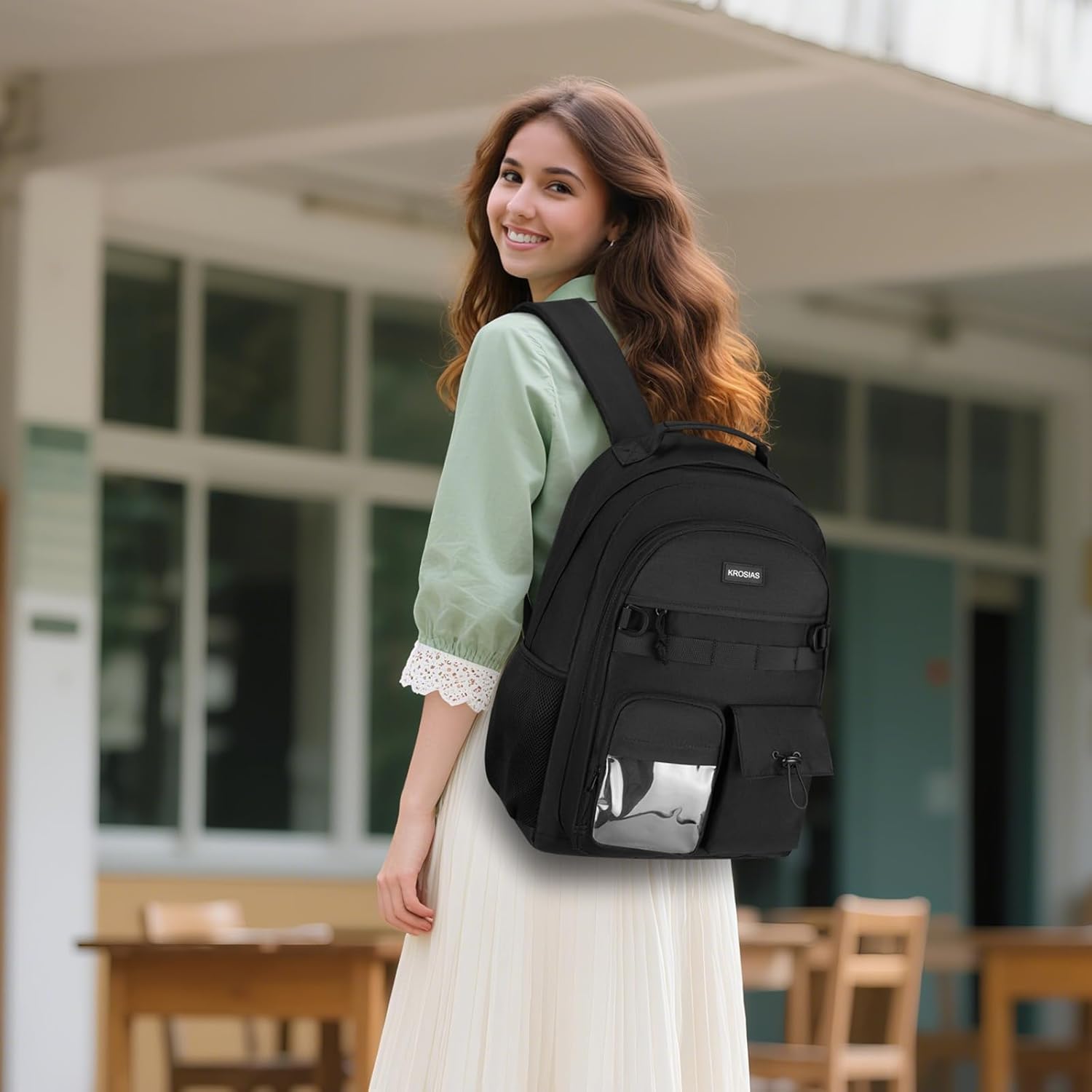 KROSIAS Black Backpack for Women Men, High School Bookbag for Teen Boys and Girls 15.6 Inch Laptop Bag with USB Charger for College Travel Business
