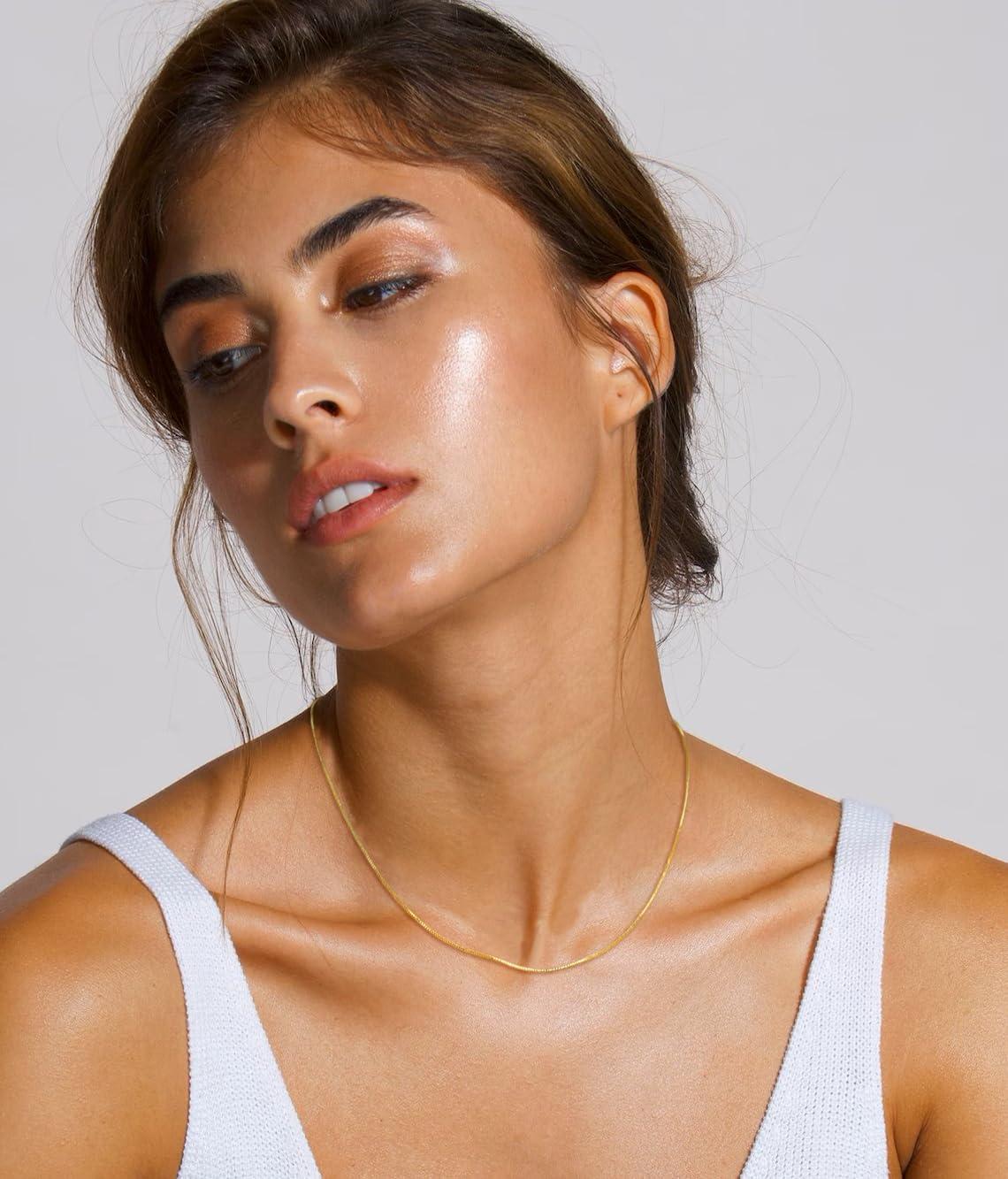 NECOCY Gold Chain Necklace for Women, 14k Gold Plated Thin Beaded Wave Box Chain Necklace Dainty Simple Layered Choker Minimalist Link Chain Trendy Jewelry for Women