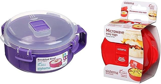 Sistema Microwave Breakfast Bowl | Round Microwave Container with Lid | 850 ml | BPA-Free | Assorted Colours | 1 Count & 1117ZS Microwave Egg Cooker Easy Eggs, 271 ml - Red