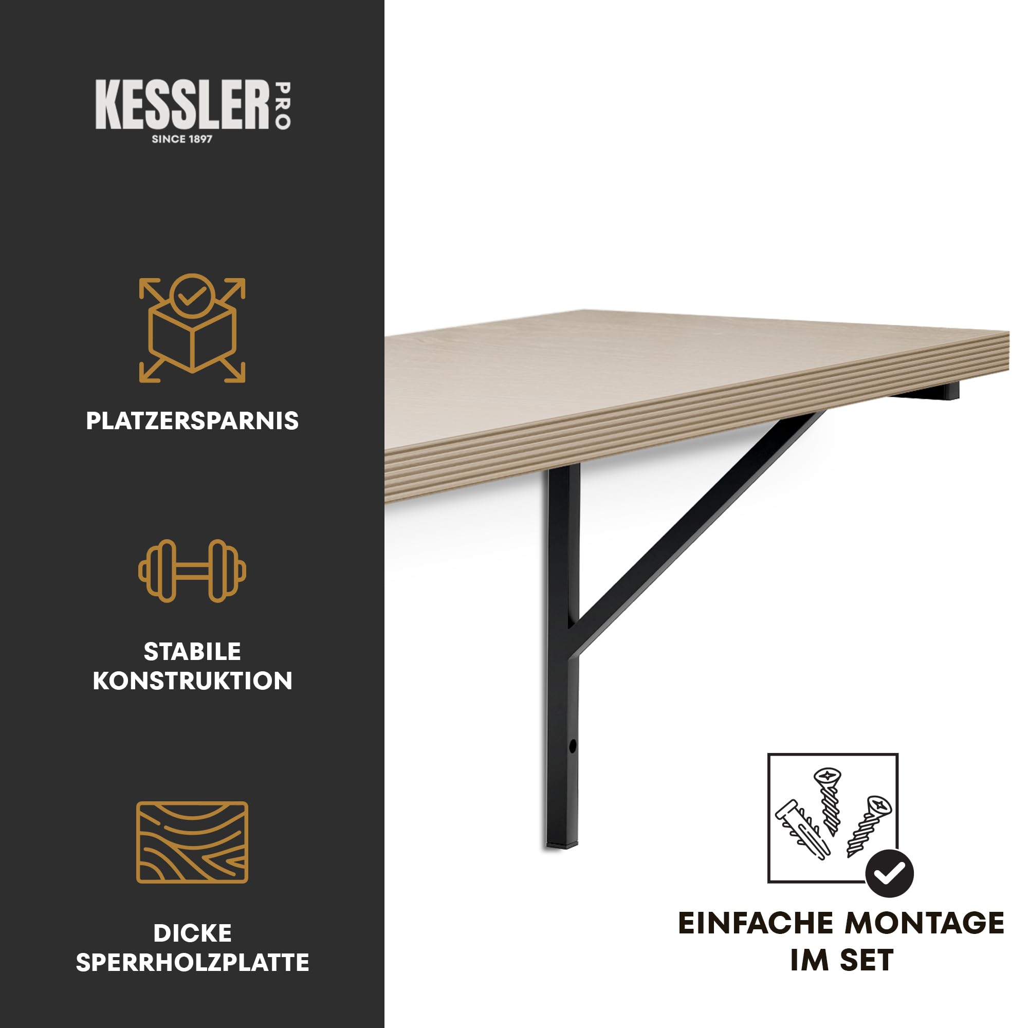 Hängende Werkbank 120x49 cm - Werktisch auf Zwei Metallstützen mit Arbeitsplatte aus Sperrholz 40 mm - Perfekt für Werkstatt und Garage, Weiß Rahmen
