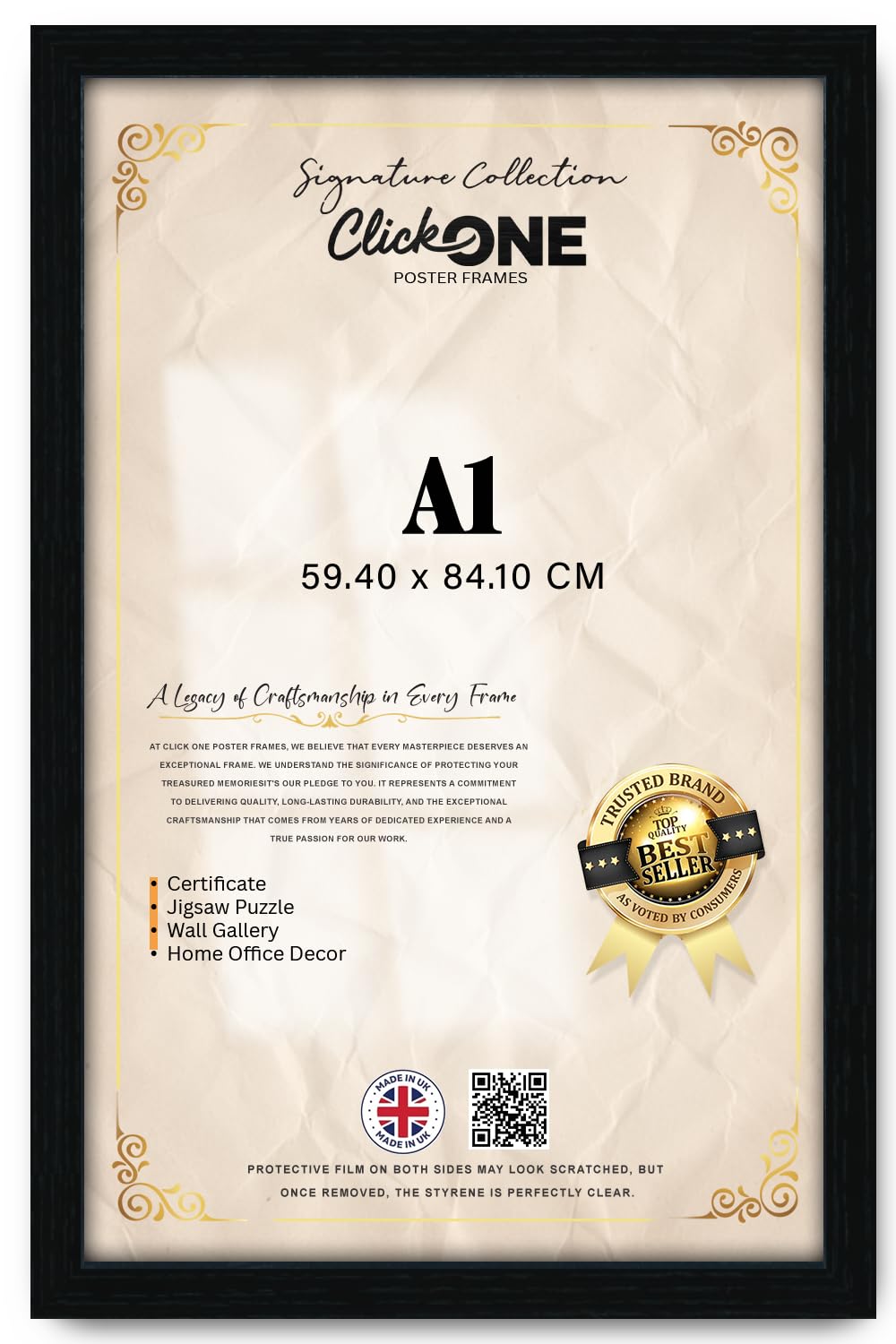 Black Click One Photo Frame A1-59.4 × 84.1 Cm Poster Display With Uv Protection Acrylic Hanging Hardware For Wall Mounting Display Picture Vertically Or Horizontally Mdf Backboard