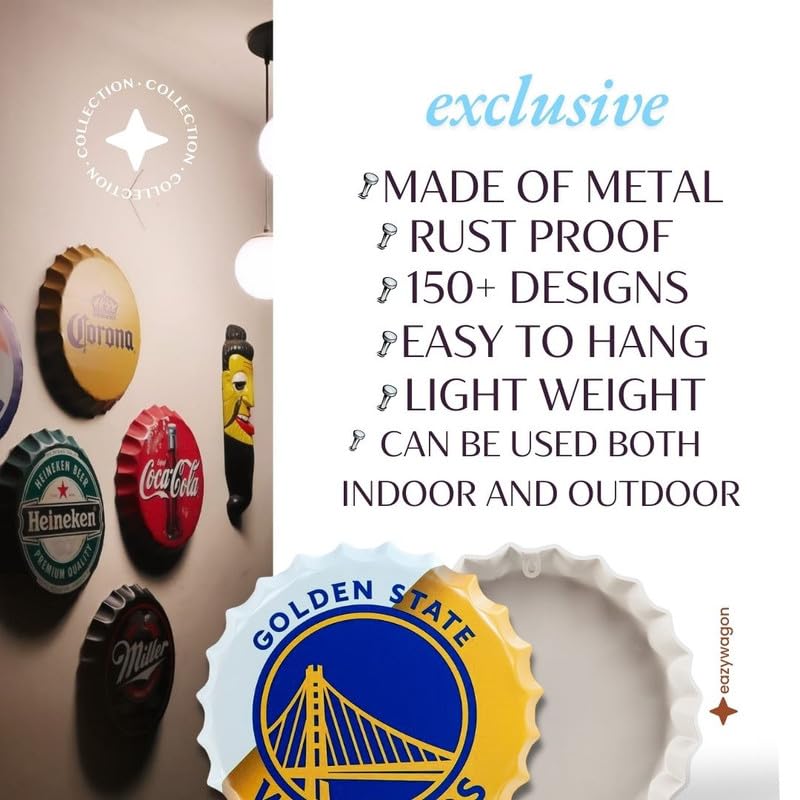 Image of EAZYWAGON Decorative Metal Bottle Caps Wall Sign Plates - 14X14 Inches - Golden State Warriors | Metal Wall Hanging Bottle Cap for Home, Farmhouse, Bar & Cafe Decoration | Vintage & Retro Look Plaques