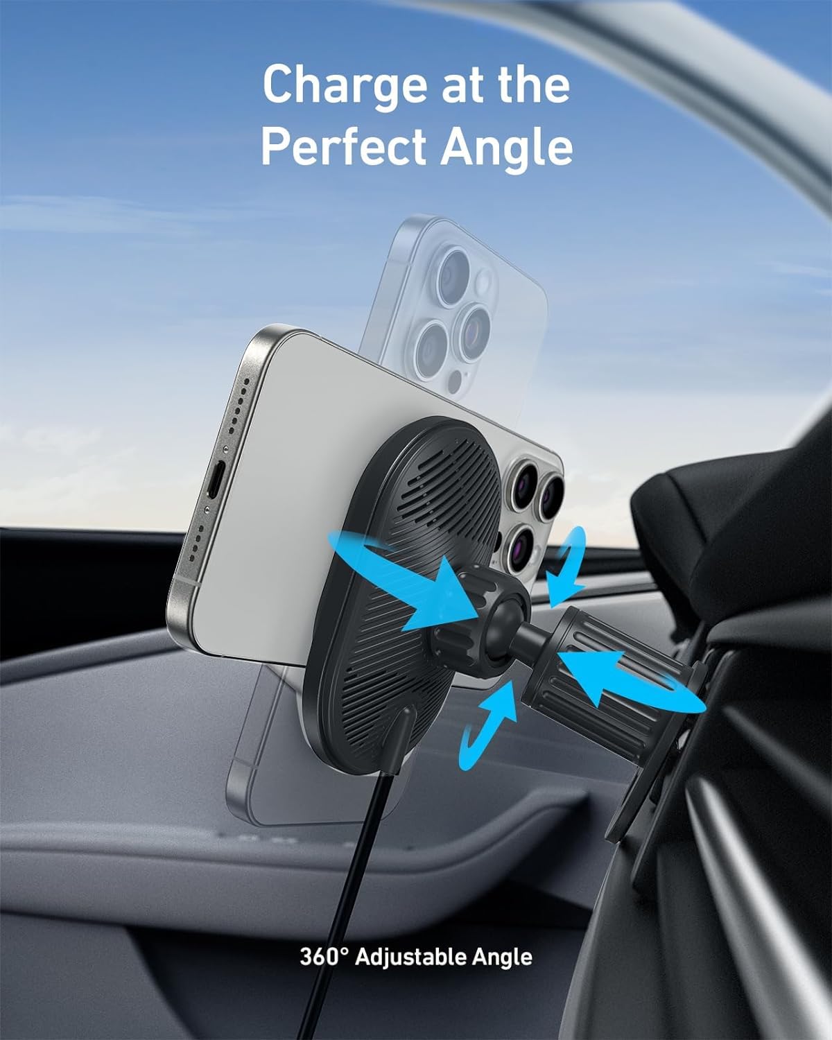 Anker MagGo Qi2 - Caricatore da auto wireless da 15 W, supporto magnetico, ricarica rapida per iPhone serie 12-16, angolo di visione regolabile, USB-C, nero