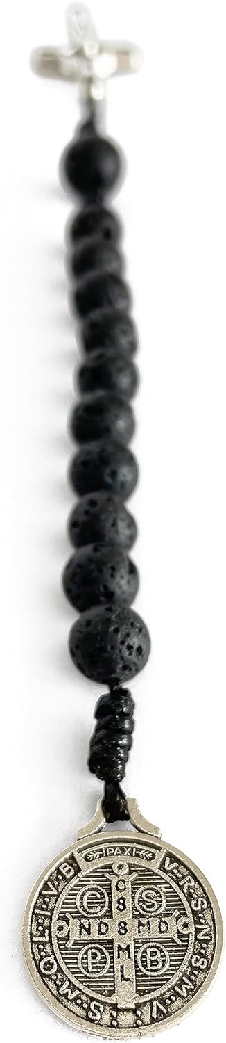 Catholic Prayer Pocket Rosary Saint Benedict Medal Black Lava Beads San Benito Tenner Open Style One Decade Rosary - Image 5