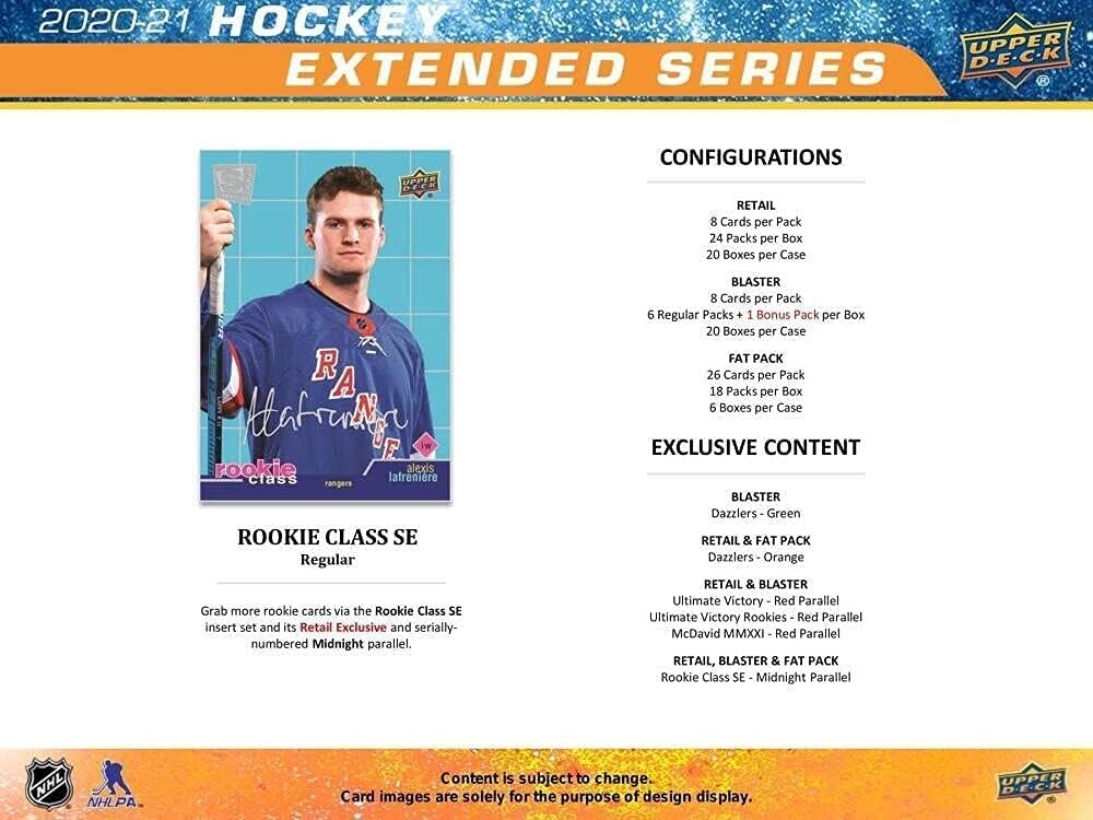 2020-21 NHL Upper Deck Hockey Extended Series Factory Sealed Retail Box 6 Young Guns. 24 Packs of 8 Cards.
