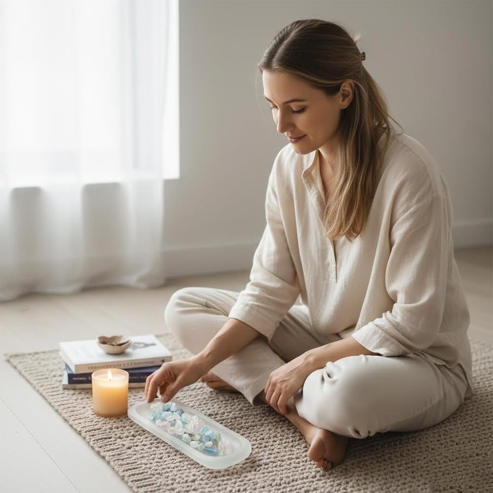 Natural Selenite Crystal Bowl Crystal Charging Plate, Long Oval Selenite Charging Bowl for Crystals Charging Cleansing Smudging Healing Recharging