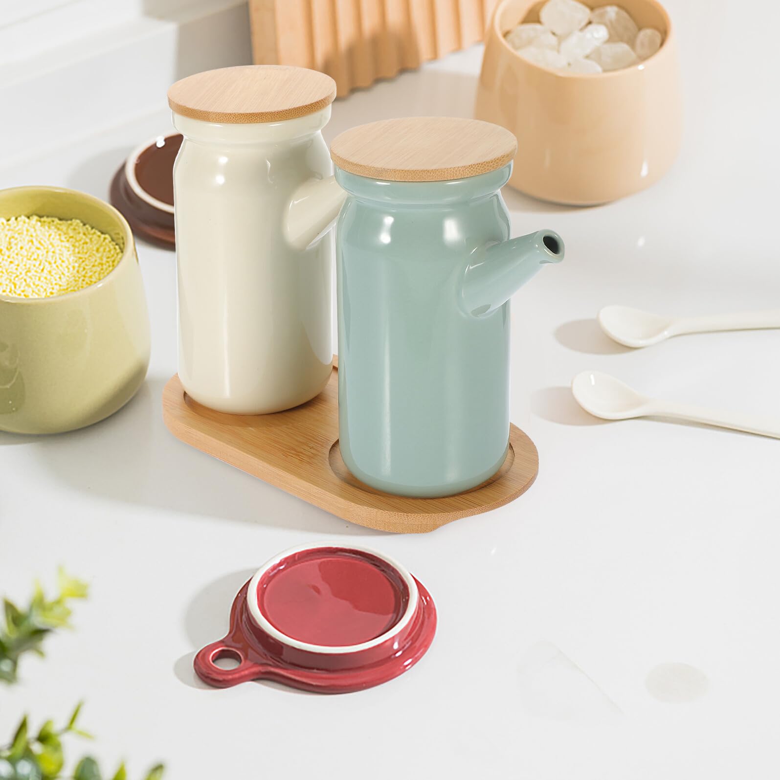 Toyvian Botes de Cerámica para Condimentos con Base Dispensadores de Aceite y Salsa de Soja para Cocina Botellas para Vinagre y Aderezos Organizadores de Especias para Hogar y Restaurante