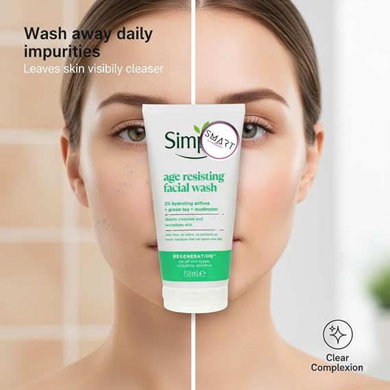 3x 150ml Simple Regeneration Age Resisting Facial Wash with Green Tea and Prebiotic Cleanser for Revived and Revitalised Skin – Bundled by Smart Cutie