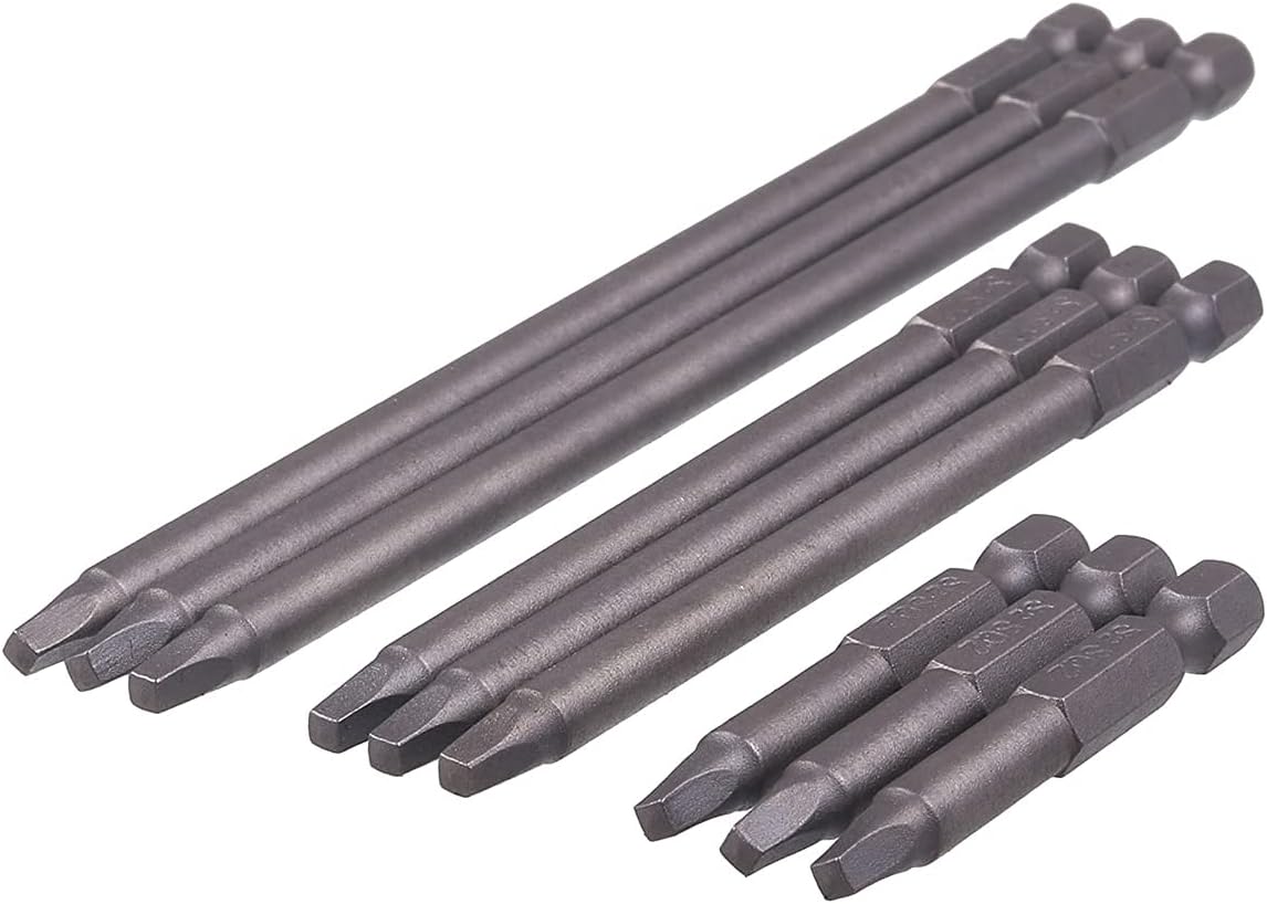 Rocaris 9 Pack 1/4 Inch Hex Shank Long Magnetic Square Head Screwdriver Bits Set Power Tools SQ2 For Poket Hole Jig- 2 inch, 4 inch, 6 inch