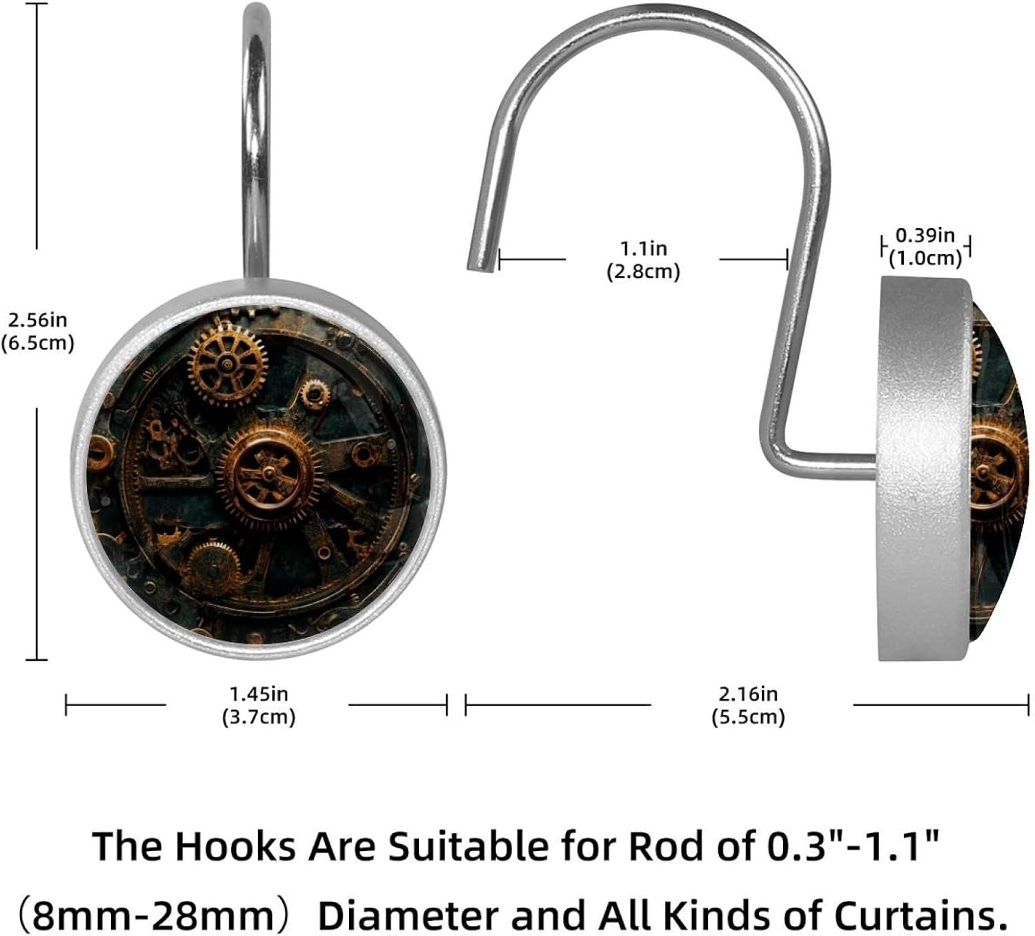 Steampunk Gears Background Shower Curtain Hooks, Rustproof Shower Curtain Rings for Bathroom, Stainless Steel Shower Hooks for Shower Curtain Rod, Decorative Shower Curtain Hangers Set of 12