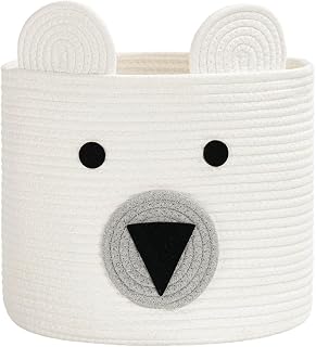 Bear Basket, Cotton Rope Basket, Woven Laundry Hamper, Toy Storage Bin for Kids, Clothes in Bedroom, Baby Nursery & Living Room, 10'' (H) x 12'' (D)