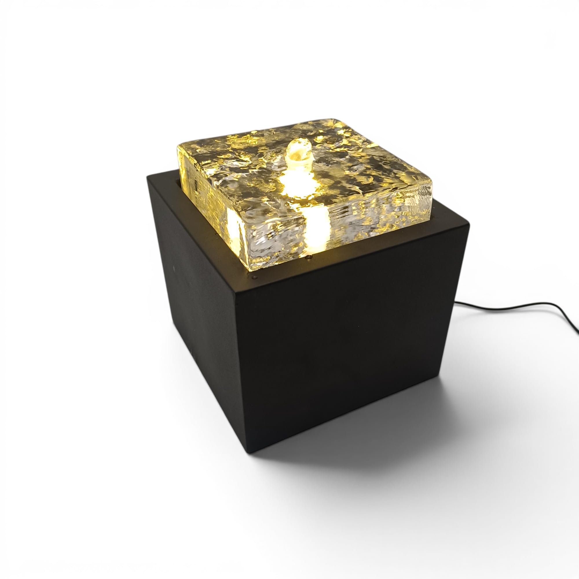 Design Zimmerbrunnen BK920 – LED Tischbrunnen modern, Springbrunnen mit Glasblock in Eisoptik, 3W, warmweißes Licht, Deko Wohnzimmer Büro, Metall Glas 19x19x20 cm