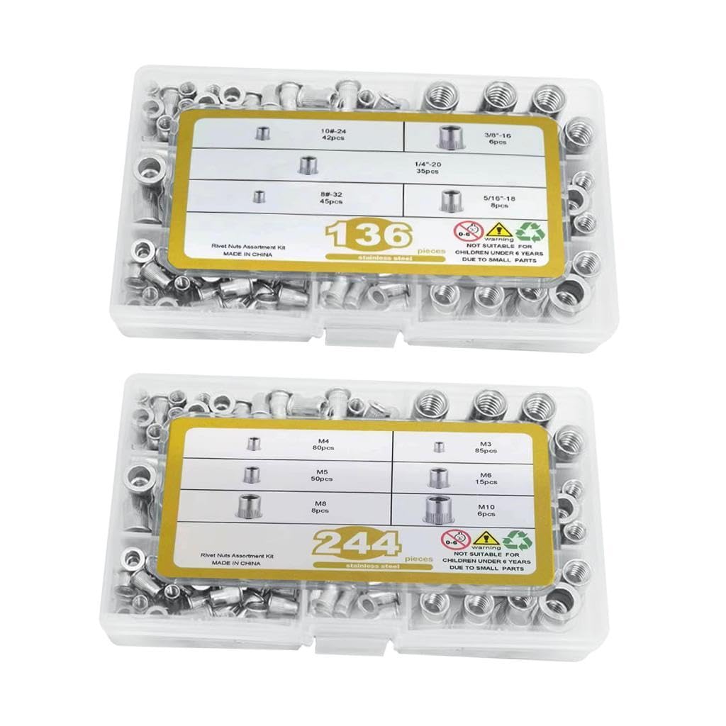 tuerca de remache, Tuercas de inserción roscadas de cabeza plana de acero inoxidable, Tuerca de remache de cabeza plana SAE duradera (plata, 380 piezas)