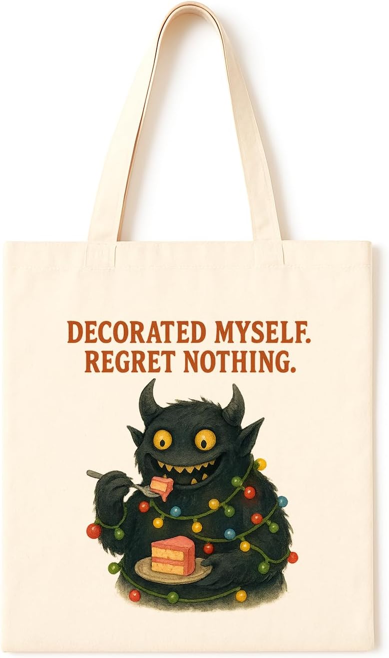Decorated and Dangerous Monster ~ Christmas lights monster eating cake, perfect tote for chaotic snackers and holiday rebels Ideal gift for sugar-fueled party goblins