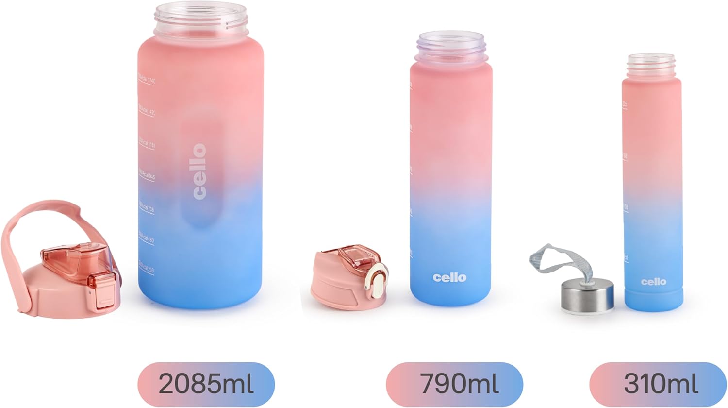 CELLO All Day Large Water Bottle, Pink | Set of 3 (310ml, 790ml, 2085ml) |Leakproof, Easy to Carry, Lightweight|Gym Workout Sipper Water Bottle For Fitness, Office, School, Sports & Outdoor Hydration