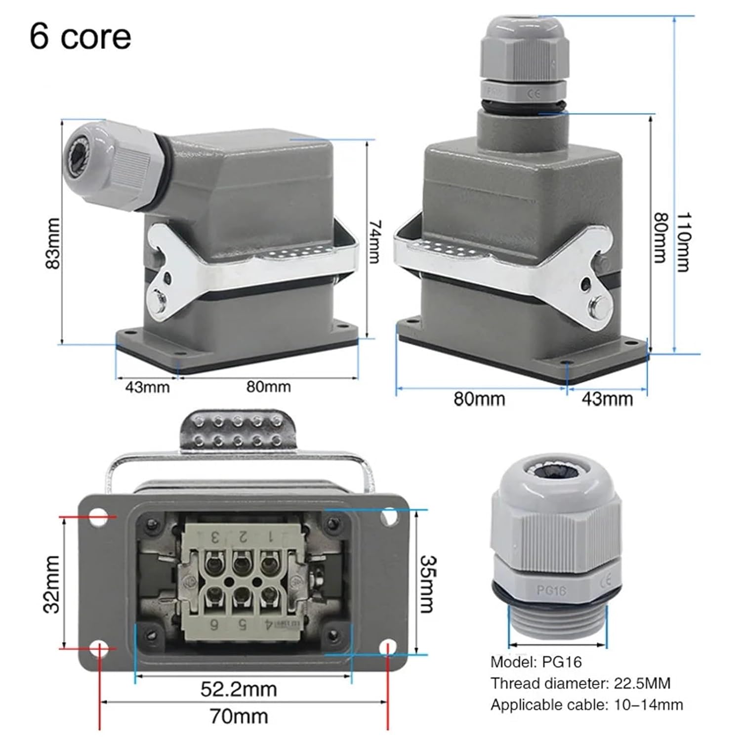 Rectangular Heavy Duty Connector HDC-HE-4/6/10/16/20/24/32/48 Core 16A 500V Waterproof and Dust Proof Socket(48 core lateral line)