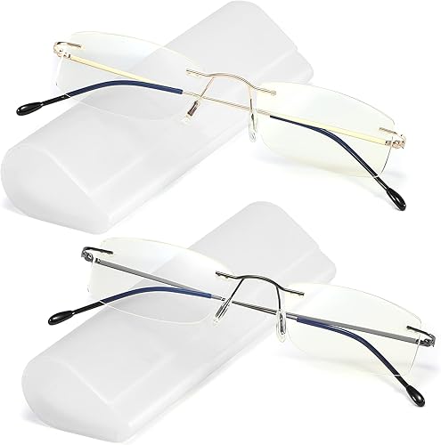 Paquete de 2 lentes de lectura sin montura de titanio con filtro antideslumbrante de luz azul, lectores de bisagra de resorte ultraligeros para