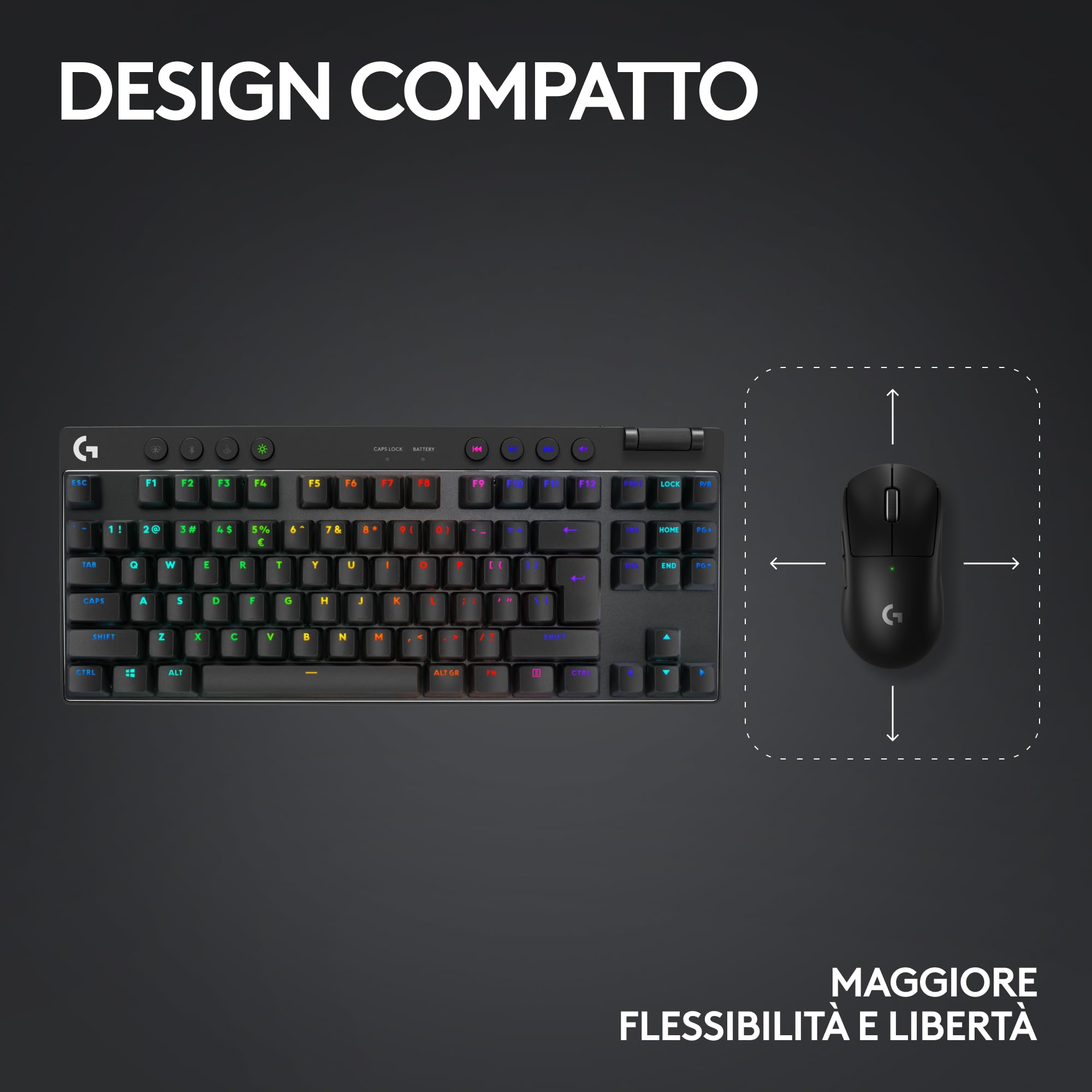 Logitech G PRO X TKL LIGHTSPEED tastiera gaming wireless | Design ultraportatile senza tastierino, LIGHTSYNC RGB, tasti PBT, switch tattili GX Brown, Italiano QWERTY, PC - Nero