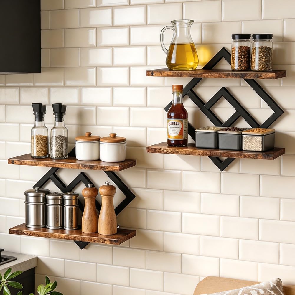 Lot de 2 étagères murales en bois et métal - Étagère flottante à 2 étages - Pour salon, chambre à coucher, cuisine, bureau - Noir (style B)