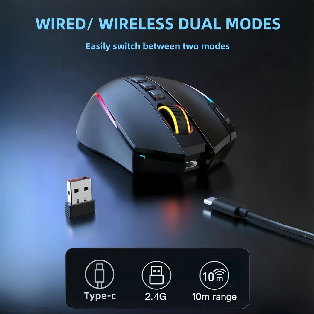 Niceon Wireless Gaming Mouse RGB Backlit, Rechargeable, 9 Programmable Buttons, Ergonomic Mouse for PC Laptop Gamer