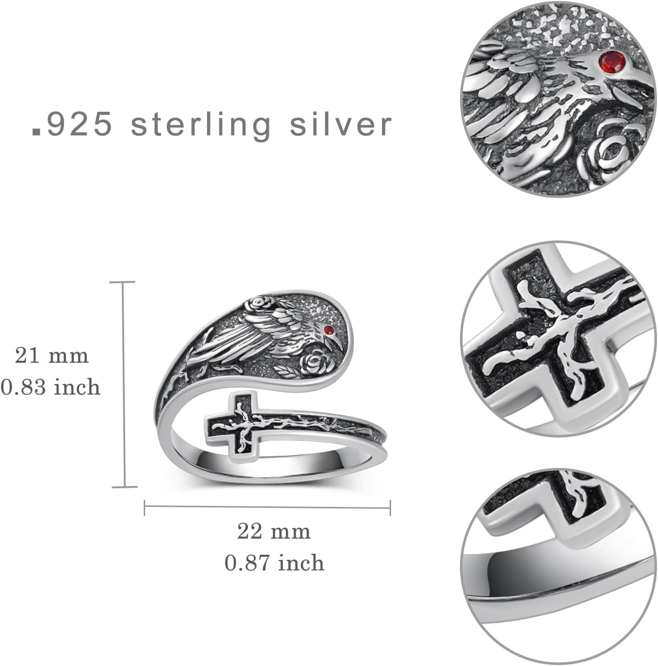 Raven Spoon Ring 925 Sterling Silver Crow Rings Adjustable Spoon Ring Jewelry Gifts for Women