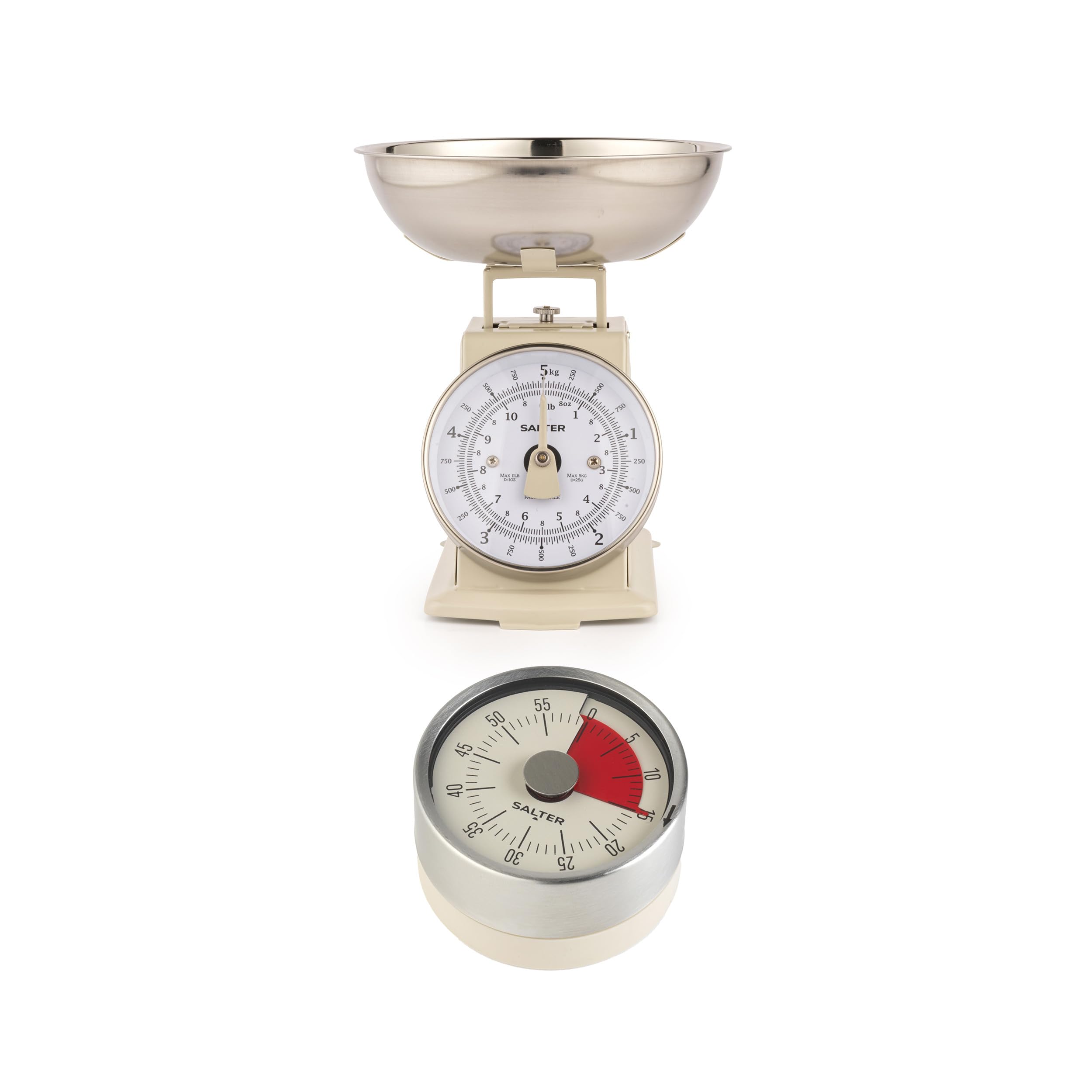 Salter Timeless Mechanical Kitchen Scale & Timer – 5kg Capacity, 1L Dishwasher Safe Bowl, 60 Minute Countdown Markers, Attach To Ovens & Fridges, Weigh Multiple Ingredients, Cream/Stainless Steel