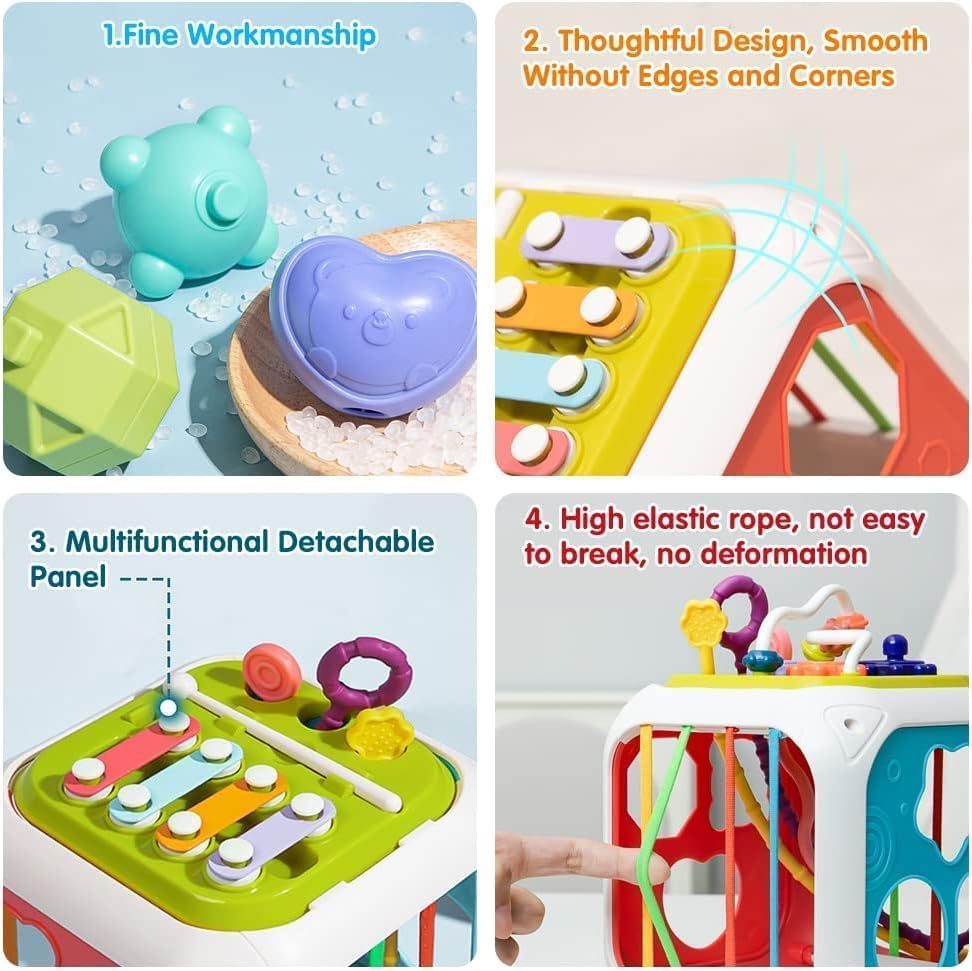 Image of LONGMIRE Montessori 7 in 1 Cube Sensory Toys for Toddlers 1-3,Car Travel Toys Busy Board Activity Cube,Learning Stocking Stuffers Educational Birthday Gifts Sensory Baby 12-18 Months Multicolor