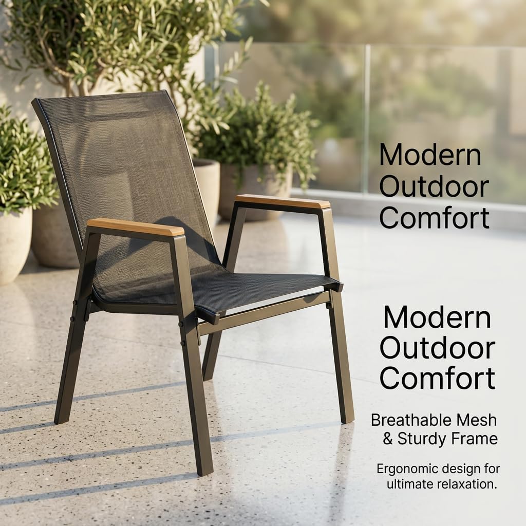Patio Chairs, Outdoor Chairs Set of 4, Stackable Patio Sling Chairs with Faux Teak Arm Rest, Textilene Fabric, Metal Frame, Wider Seat for Patio, Garden, Backyard and Poolside, Black image 4