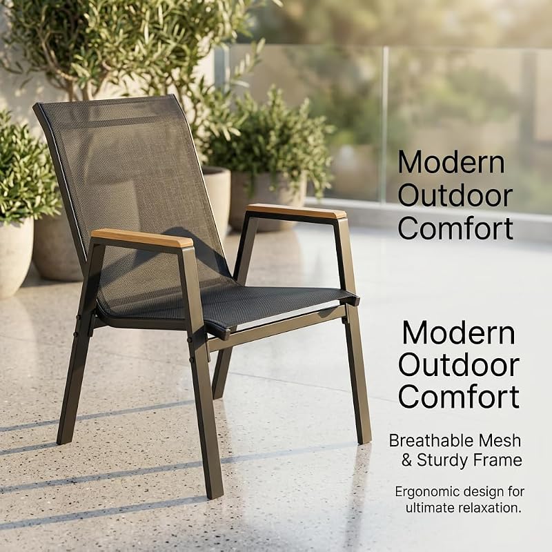 seekees Patio Chairs, Outdoor Chairs Set of 4, Stackable Patio Sling Chairs with Faux Teak Arm Rest, Textilene Fabric, Metal Frame, Wider Seat for Patio, Garden, Backyard and Poolside, Black image 4