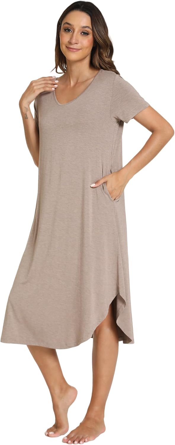 GYS Bamboo Viscose Nightgowns for Women Short Sleeve V Neck Night Shirts with Pockets - Image 3