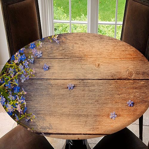 Spring Flowers On Wooden Elastic Fitted Edged Round Tablecloth Waterproof Soft Polyester Table Cloth Washable, for Banquet Home Indoor or Outdoor, Tablecloth Size 54"(Fit for 42.2"-46.1" Table) by JRMRNEI - Used condition - US$9.20