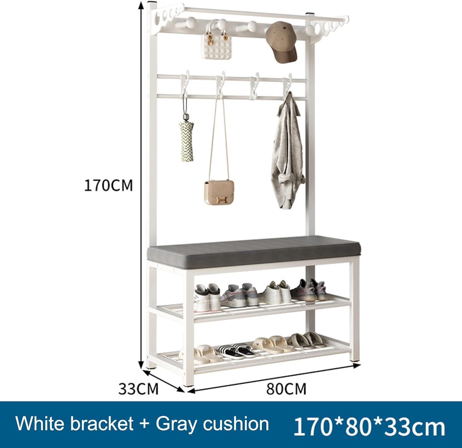 Entryway Hall Tree Bench Shoe Coat Rack with 3 Tier Storage Shelf and Hooks Freestanding Heavy Duty Steel Frame White (Size:)