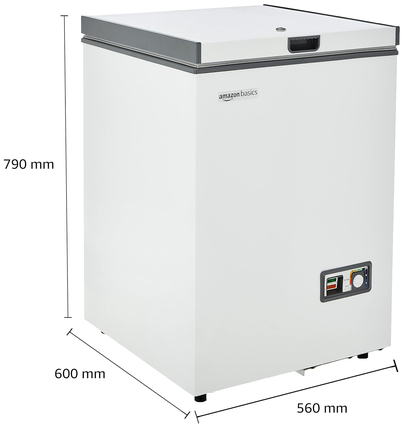 Voltar view of Amazon Basics Deep Freezer showing power cord and specifications label