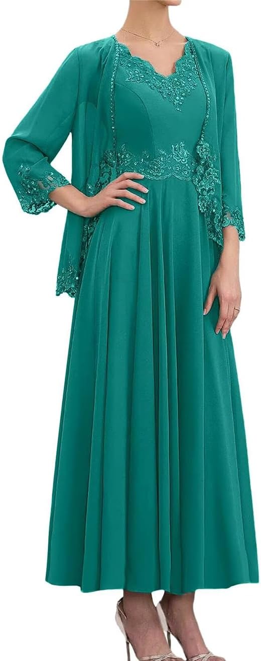 Chiffon Mother of The Bride Dresses with Jacket 2 Pieces 3/4 Sleeve Lace Formal Evening Dresses for Wedding