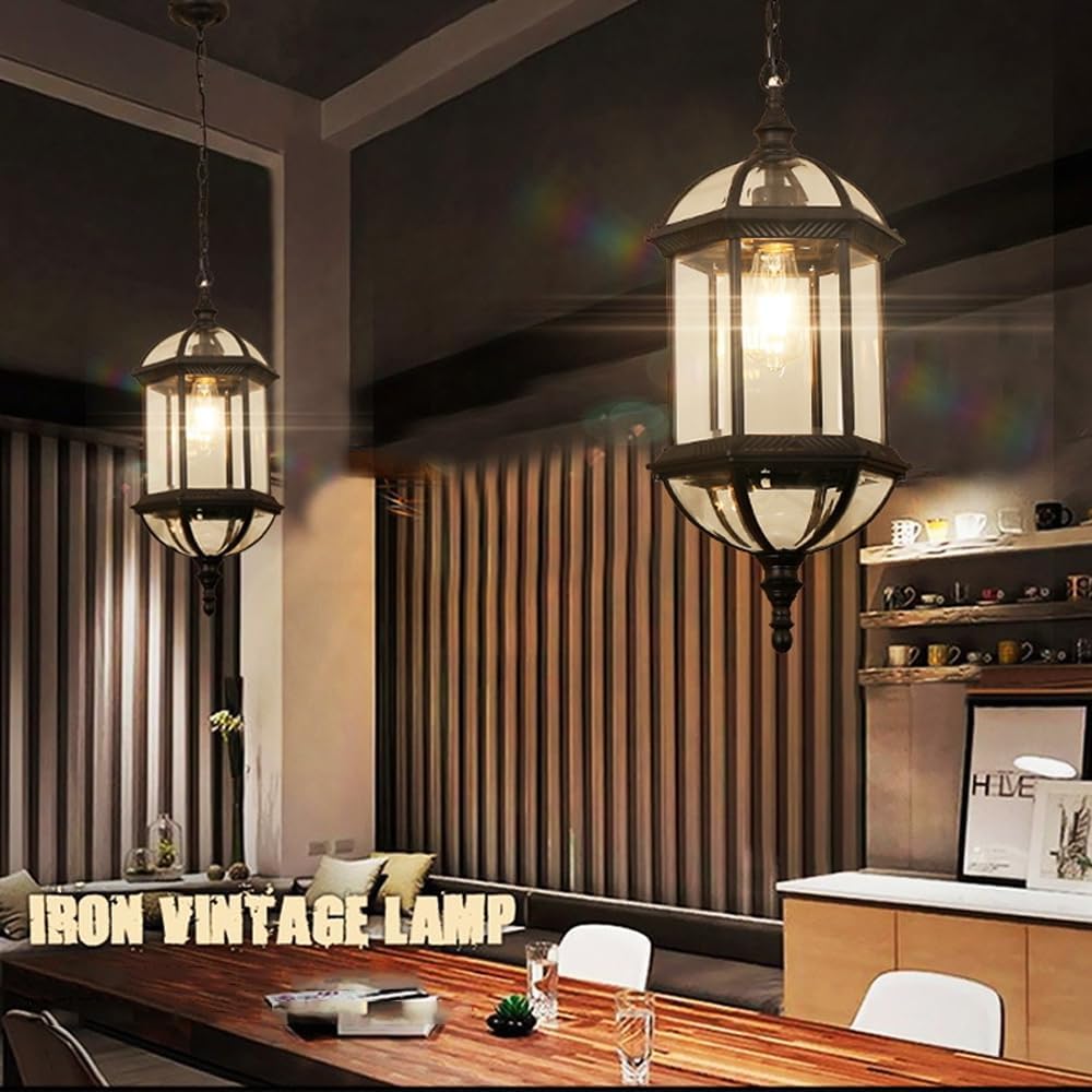 Grande lampadario da Esterno per Montaggio a soffitto sul Portico, Lampada a Sospensione Esterna Impermeabile in Bronzo Vintage, Porta d'ingresso, Lanterna a Sospensione Nera da f