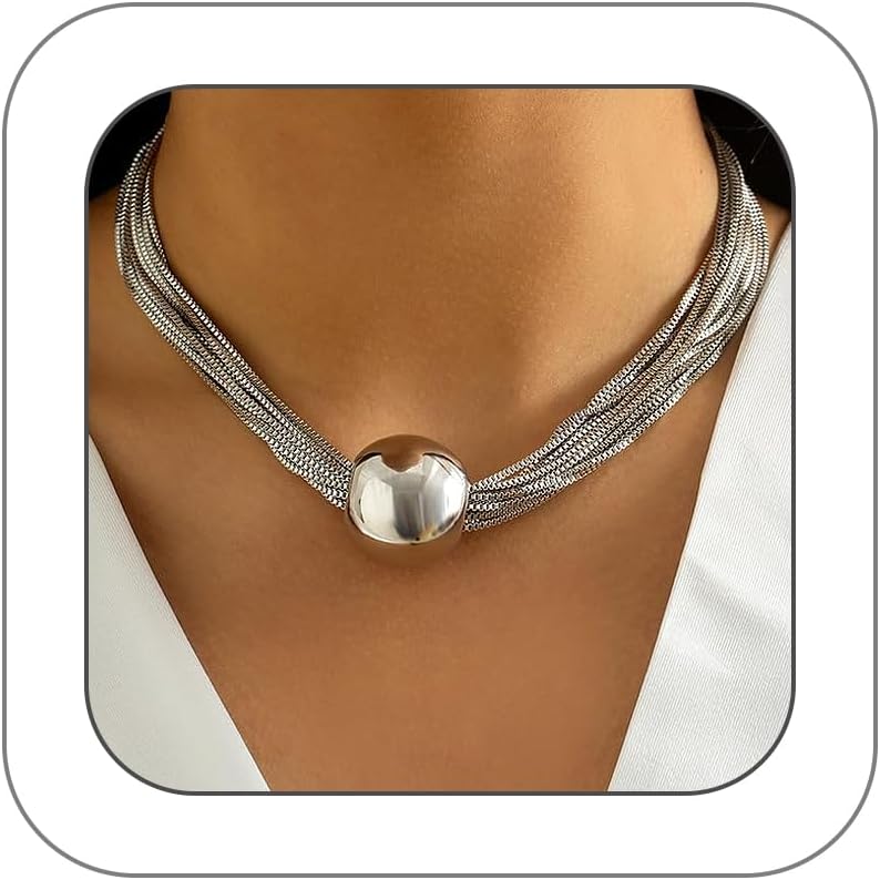 GIGB PBDK Trendy Chunky Silver Choker Necklaces for Women Vintage Adjustable Large Ball Statement Short Necklace Minimalist Geometry Choker Fashion Accessories