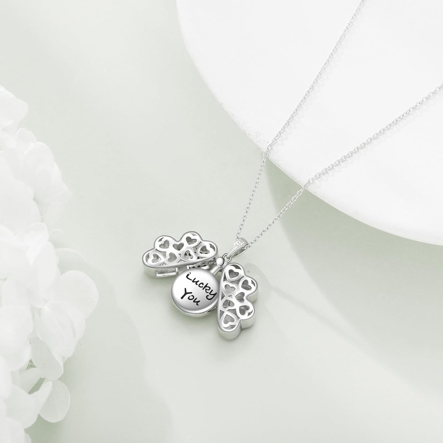 POPLYKE Sterling Silver Lucky Four Leaf Clover Necklace for Women Cubic Zirconia Folding Heart Love Pendant Necklace Jewelry