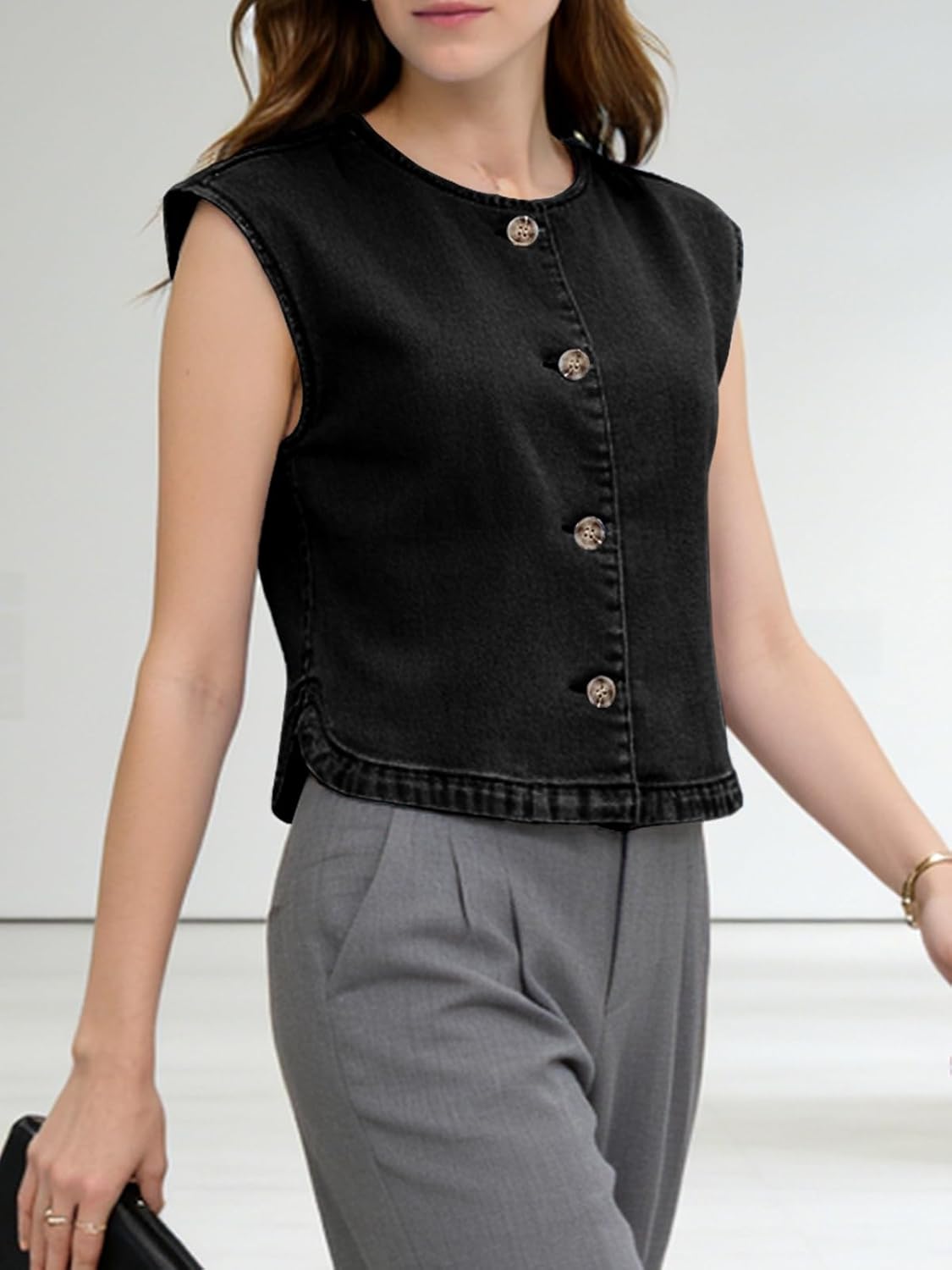 Tankaneo Womens Cropped Cap Sleeve Denim Vest Summer Button Down Jean Tank Tops Trendy Casual Waistcoats - Image 6