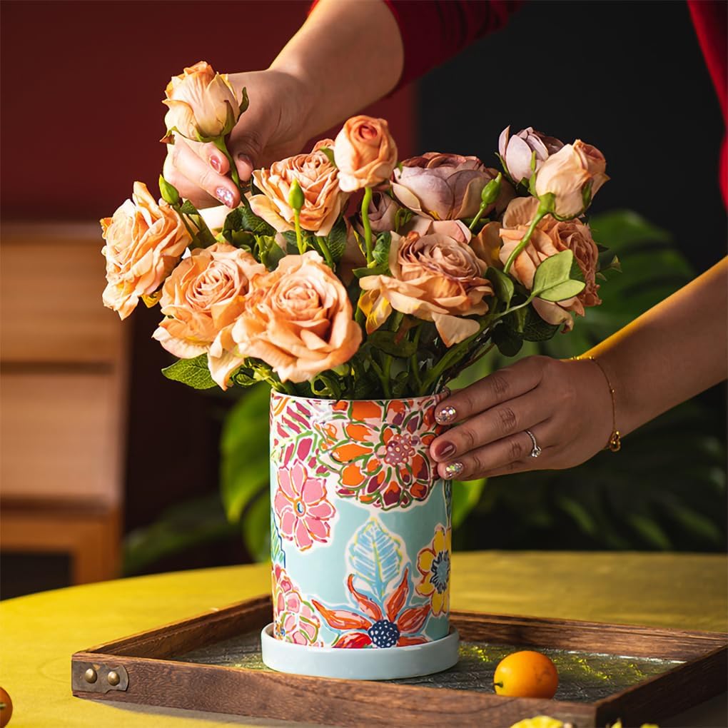WAIT FLY Flower Porcelain Kitchen Utensil Holder with Bottom Flatware Storage Organizer Utensil Crock for Countertop Kitchen Counter Decor-Orange